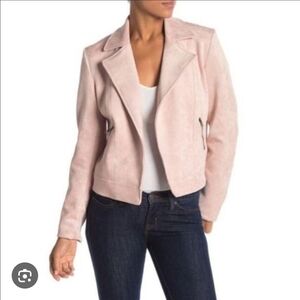 Philosophy Womens Faux Suede Moto Jacket Open Front Collar Zipper Pocket Pink S